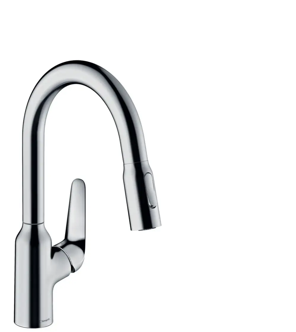 Ein Küchenmischer von Hansgrohe in Chrom mit einem hohen, geschwungenen Auslauf und einer ausziehbaren Brause. Die Bedienung erfolgt über einen seitlichen Hebel.